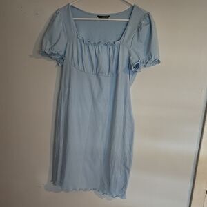 SHEIN Blue Square Neck Puff Sleeve Ruched Mini Dress